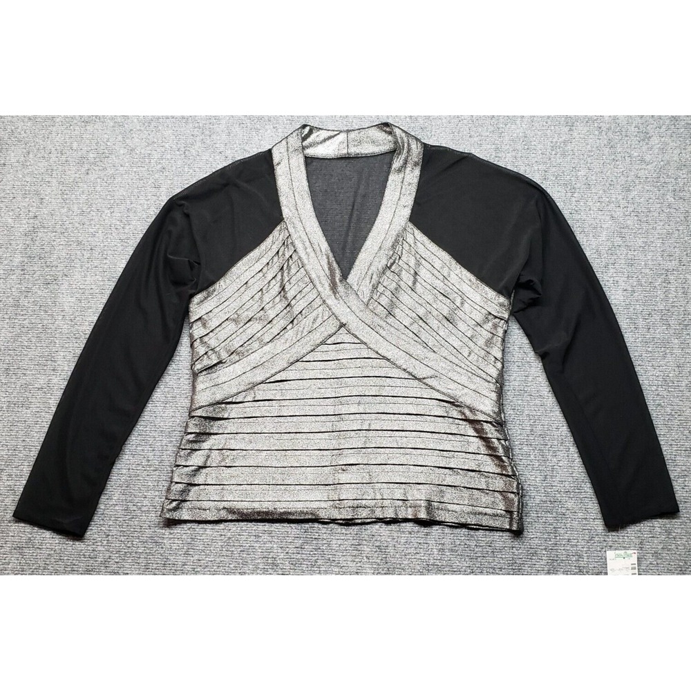 Expo New York Top Blouse Womens 14 Black Silver V-Neck Long Sleeve Pullover New